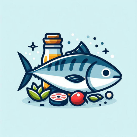Fish and vegetables vector illustration in flat cartoon style. Seafood concept.のイラスト素材