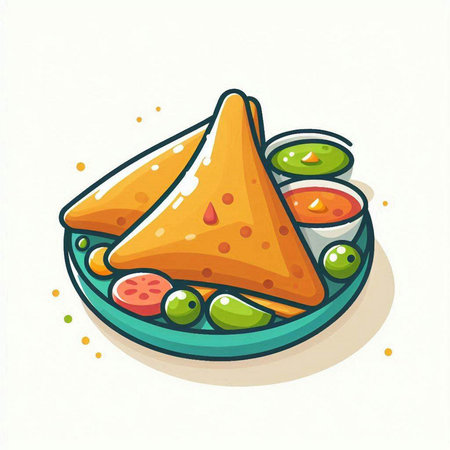 Illustration of indian samosas on plate with sauce and chilliのイラスト素材