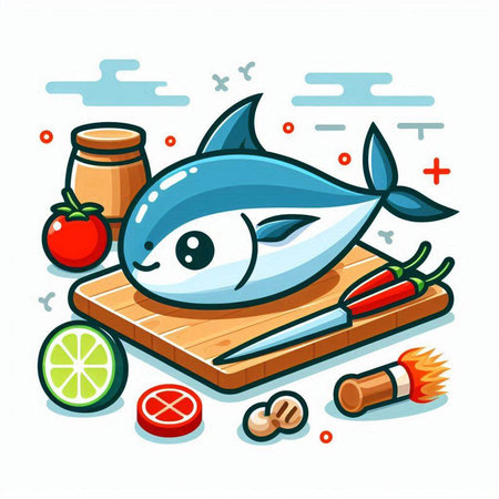 Vector illustration of a tuna fish on a wooden cutting board with ingredients for cooking.のイラスト素材