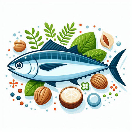 Fish with spices and herbs. Vector illustration in a flat style.のイラスト素材