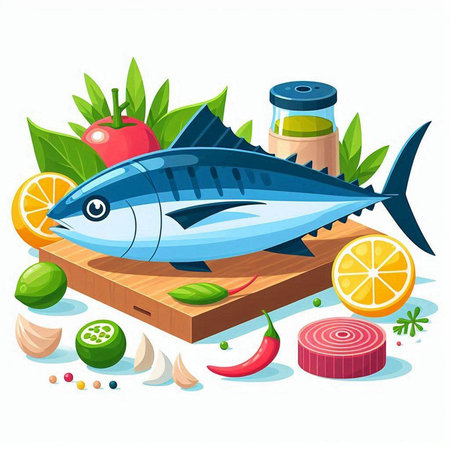 Fresh tuna fish with ingredients for cooking on white background. Vector illustration.のイラスト素材