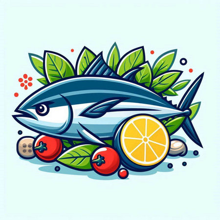 Vector illustration of fresh fish with lemon and tomatoes on white background.のイラスト素材