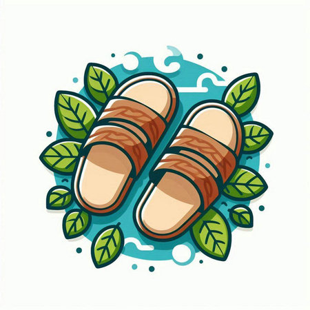 Vector illustration of a pair of slippers with leaves on a white backgroundのイラスト素材