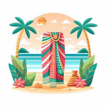 Tropical beach with palm trees and towels. Vector illustration.のイラスト素材