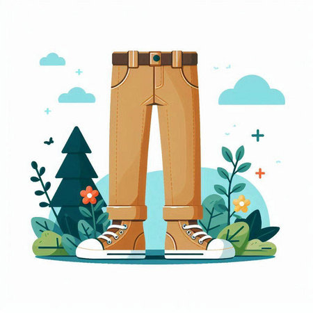 Vector illustration of men's jeans and sneakers on the background of nature.のイラスト素材