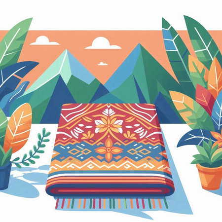 Vector illustration of a warm blanket in the mountains. Flat style.のイラスト素材