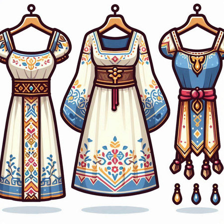 Illustration of a set of ethnic dresses with ornaments on a white backgroundのイラスト素材