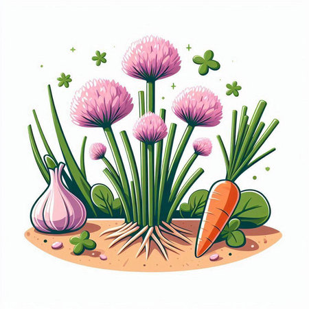 Vector illustration of a clover, garlic, onion and carrots.のイラスト素材