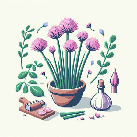 Illustration of purple flowers in a pot and a bottle of perfumeのイラスト素材