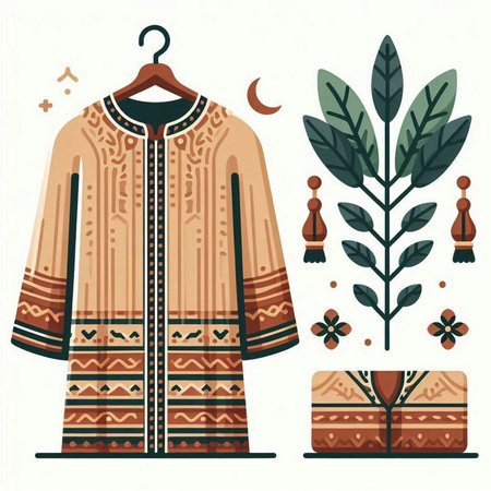 Vector illustration of a set of ethnic clothes and accessories. Boho style.のイラスト素材