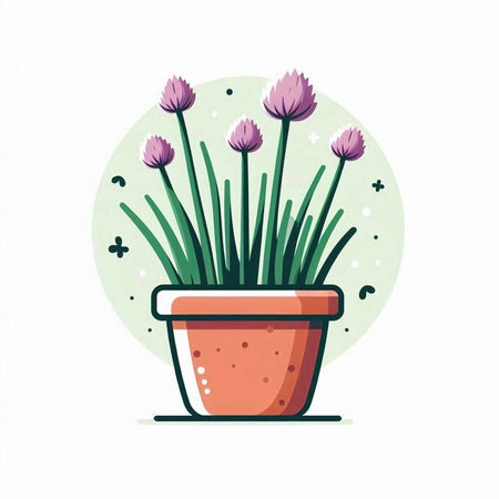 Flowerpot with chives. Vector illustration in flat style.のイラスト素材
