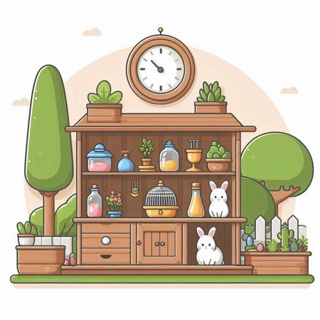 Illustration of a cozy living room with a clock and a shelf with plants and flowersのイラスト素材