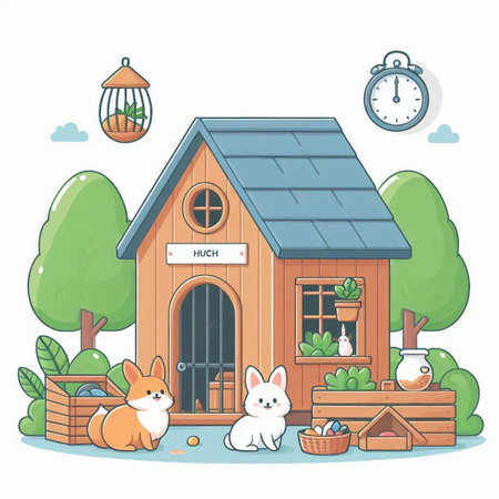 Vector illustration of cute cartoon doodle farm house with rabbit.のイラスト素材