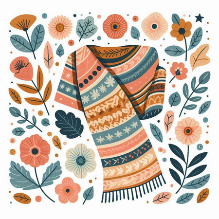 Hand drawn vector illustration with scarf, flowers and leaves. Scandinavian style.のイラスト素材