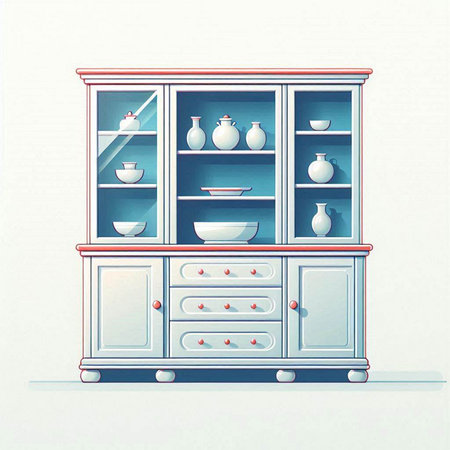 Illustration of a retro cupboard with dishes and vases.のイラスト素材