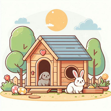 Cute rabbit and rabbit in doghouse. Vector illustration.のイラスト素材