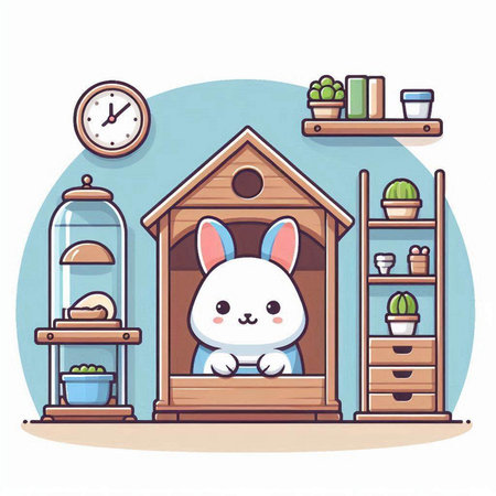 Cute rabbit sitting in a wooden dog house. Vector illustration.のイラスト素材