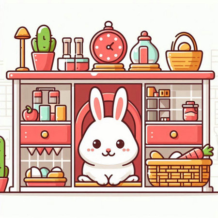 Cute rabbit in the kitchen. Vector illustration in cartoon style.のイラスト素材