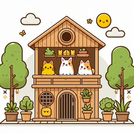 Cats in a wooden house. Vector illustration of a cat house.のイラスト素材