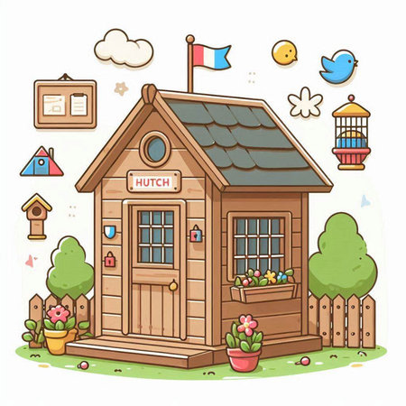 Wooden doodle house in the garden. Vector illustration.のイラスト素材