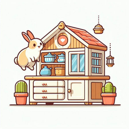 Cute house with a rabbit. Vector illustration in cartoon style.のイラスト素材