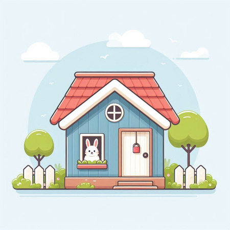 Vector illustration of a cute house with a cat in the garden.のイラスト素材