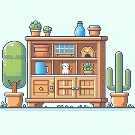 Illustration of a shelf with books, cacti and a catのイラスト素材