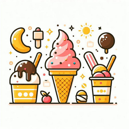 Ice cream flat vector illustration. Ice cream cone with different types of ice cream.のイラスト素材