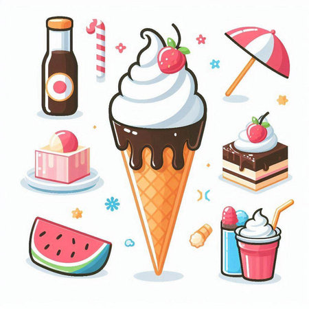 Set of ice cream icons. Vector illustration in flat cartoon style.のイラスト素材
