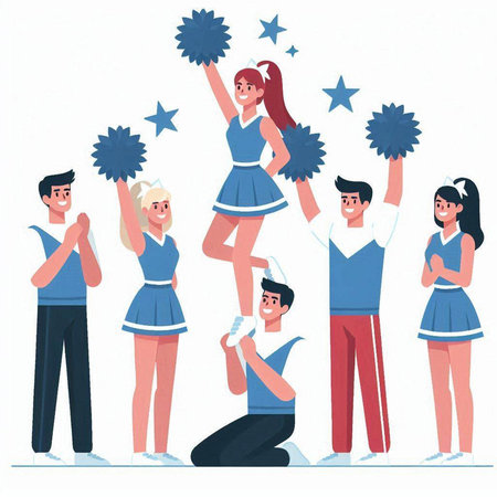 Cheerleaders with pompoms. Cheerful young men and women cheerleading team. Vector illustrationのイラスト素材