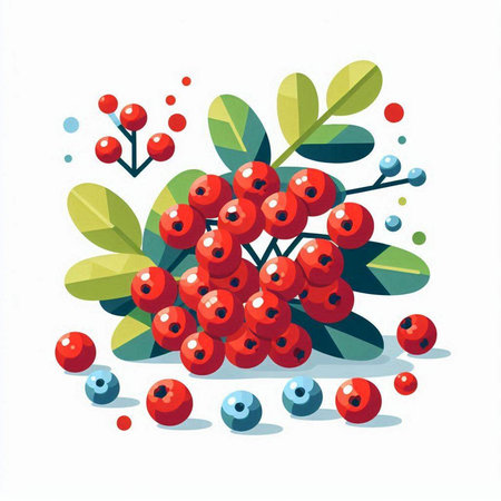 Vector illustration of rowan branch with berries and leaves in flat style.のイラスト素材