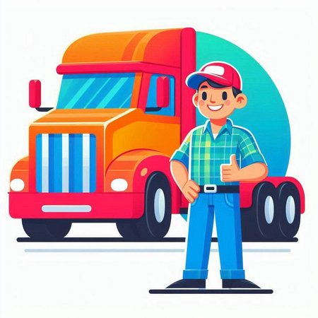 Courier in uniform standing near truck. Vector illustration in cartoon styleのイラスト素材