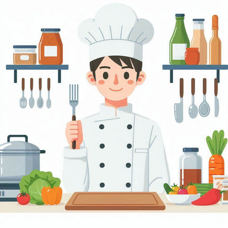 Illustration of a male chef cooking in the kitchen. Vector illustration.のイラスト素材