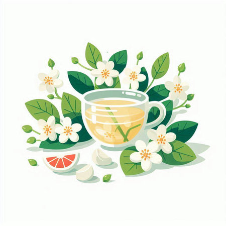 Cup of tea with jasmine flowers and leaves. Vector illustration.のイラスト素材