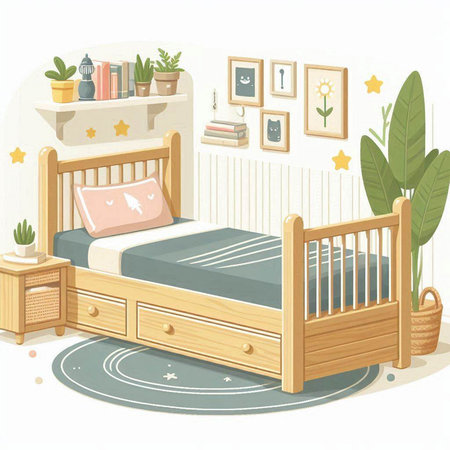 Illustration of a child's bedroom with a bed and a shelfのイラスト素材