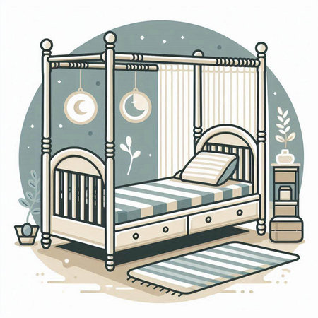 Illustration of a children's bedroom with a wooden bed. Vector illustration.のイラスト素材
