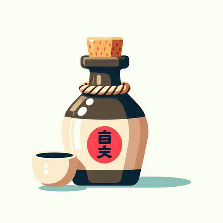 Japanese sake bottle with a cup of tea. Vector illustration in cartoon style.のイラスト素材