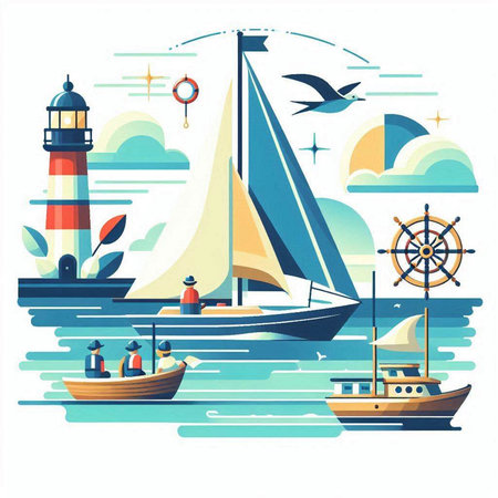 Sailing boats, lighthouse, seagulls and steering wheel. Vector illustration.のイラスト素材