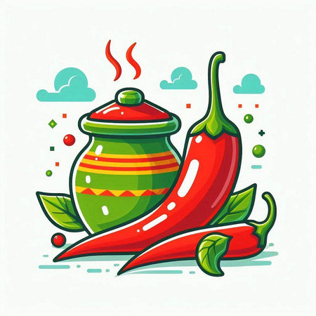 Hot chili pepper with pot. Vector illustration in cartoon flat style.のイラスト素材