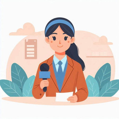 Female journalist with microphone. Vector illustration in flat cartoon style. Female journalist.のイラスト素材