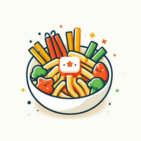 Colorful vector illustration of a bowl of pasta with fruits and vegetablesのイラスト素材