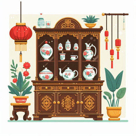 Vintage chinese cupboard. Vector illustration in flat style.のイラスト素材