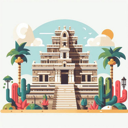 Ancient Hindu temple in the desert. Vector illustration in flat style.のイラスト素材