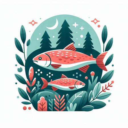 Colorful vector illustration of sea fish in the forest. Flat style.のイラスト素材