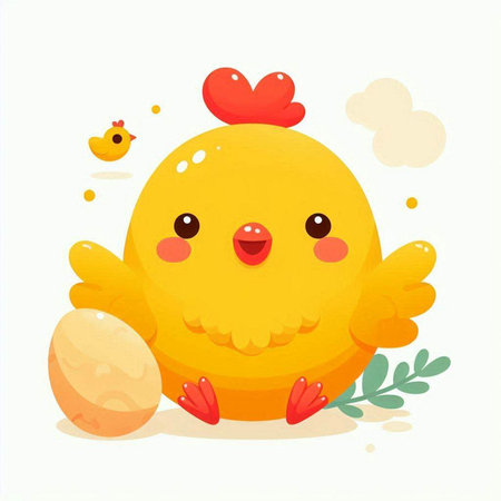 Cute yellow chicken with eggs on white background. Vector illustration.のイラスト素材