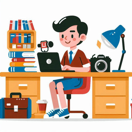 Illustration of a Young Man Sitting at His Desk and Working on His Laptopのイラスト素材