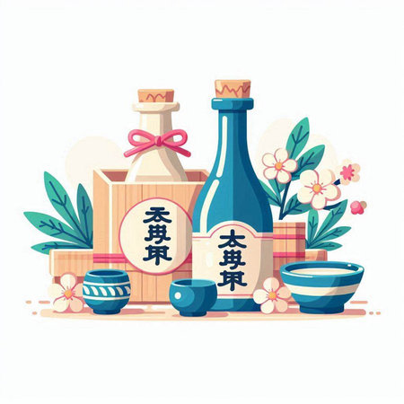 Japanese sake vector illustration in flat style. Japanese traditional food and beverage, sake bottle, teapot, cup, saucer.のイラスト素材