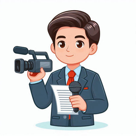 Cartoon reporter with microphone and news paper. Vector illustration on white background.のイラスト素材