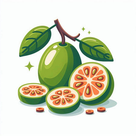 Fresh guava fruit vector illustration. Juicy and juicy guava fruit with green leaves.のイラスト素材