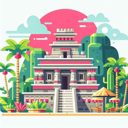 Ancient pagoda in the jungle. Vector illustration in flat style.のイラスト素材